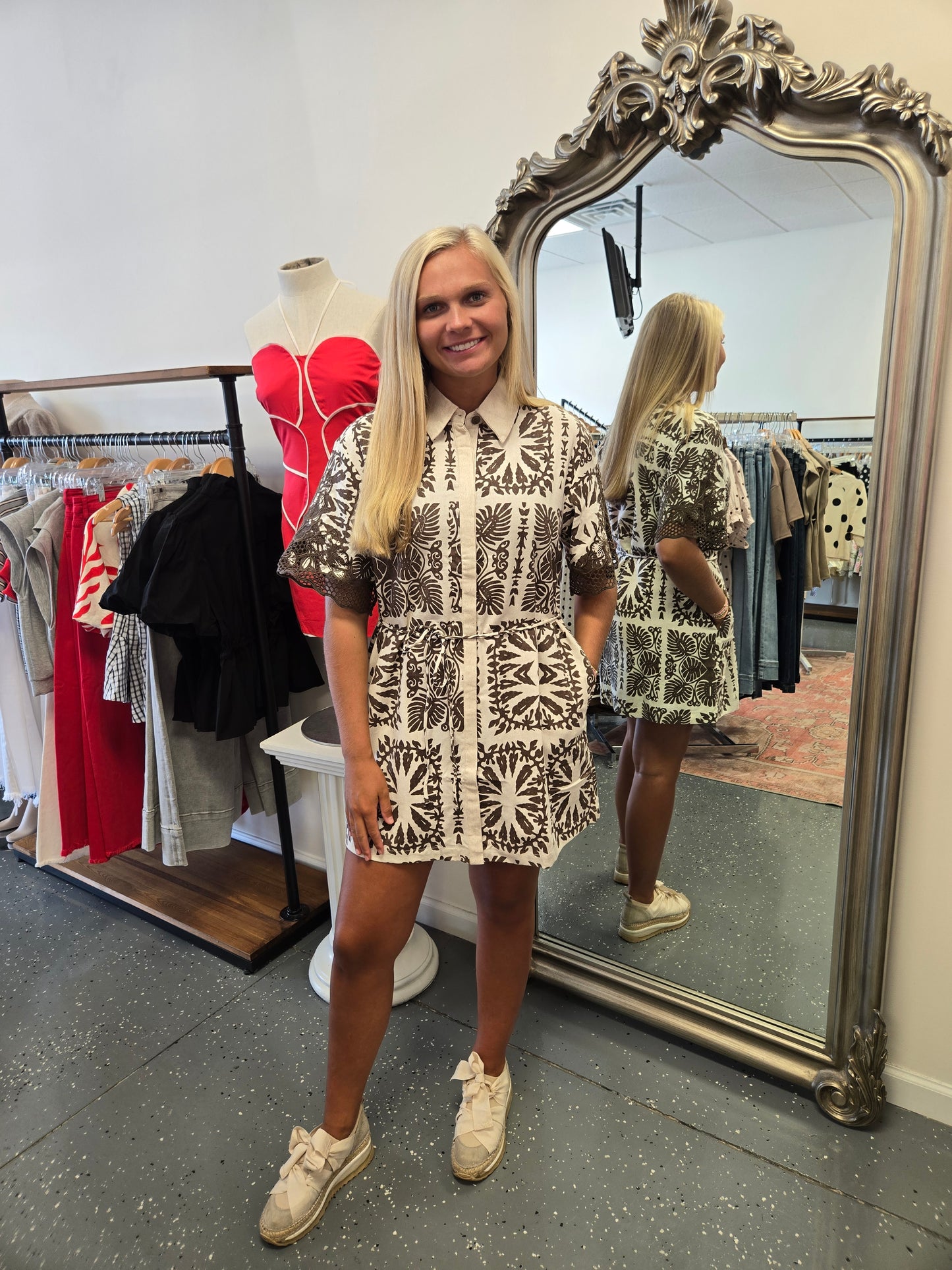 Geometric Leaf Block Lace Trim Mini Dress