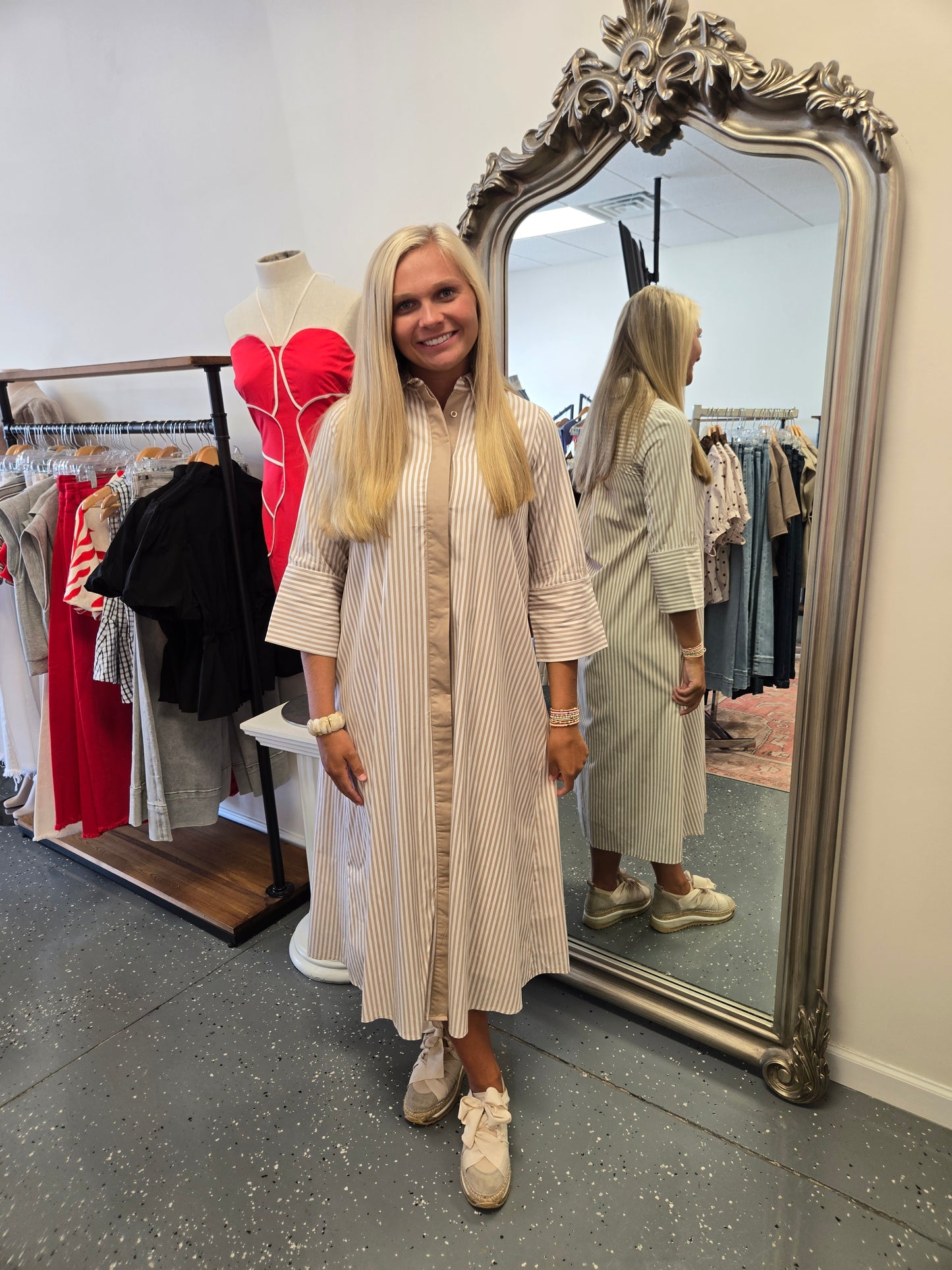 Striped Maxi Shirt Dress-Beige