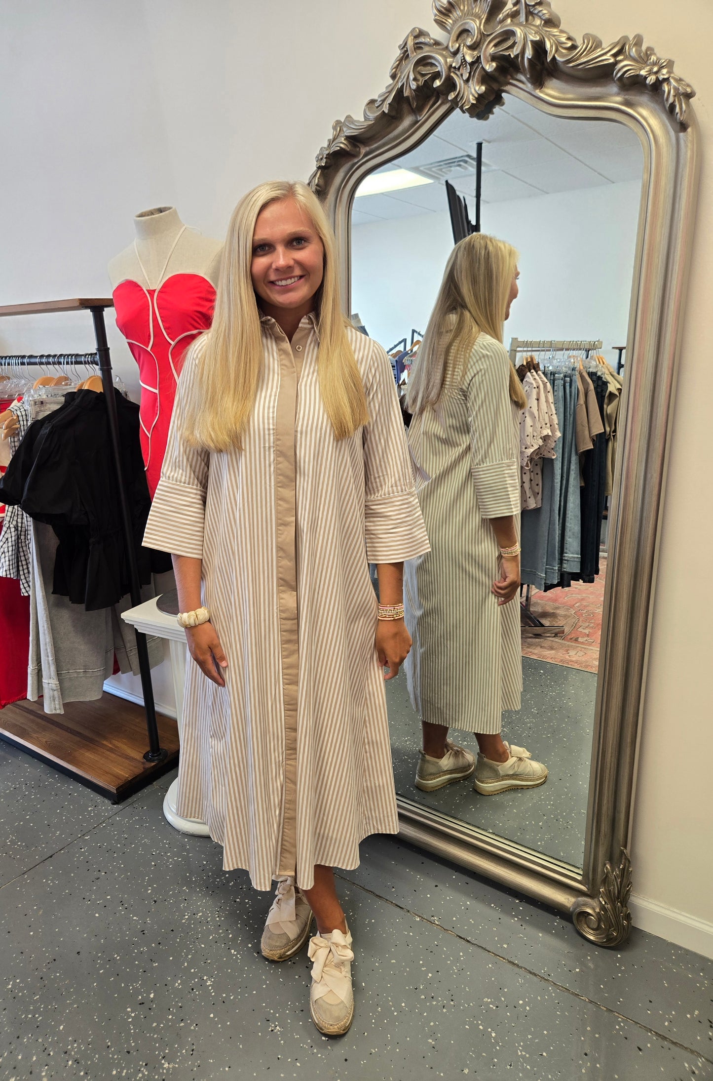 Striped Maxi Shirt Dress-Beige