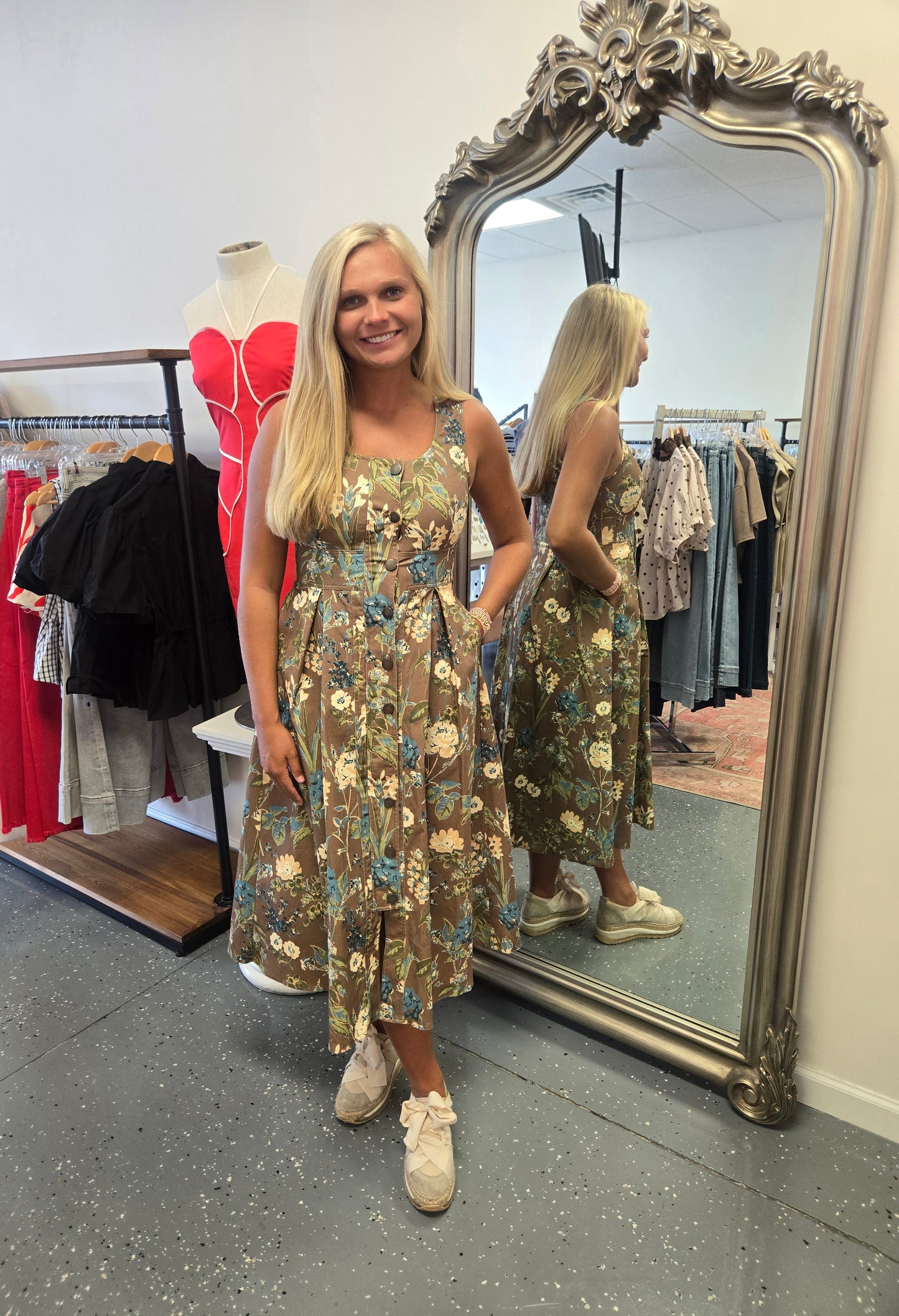 Floral Print Button Down Midi Dress