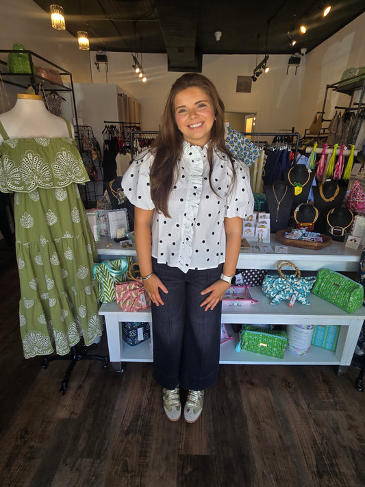 Polka Dot Ruffle Trim Top