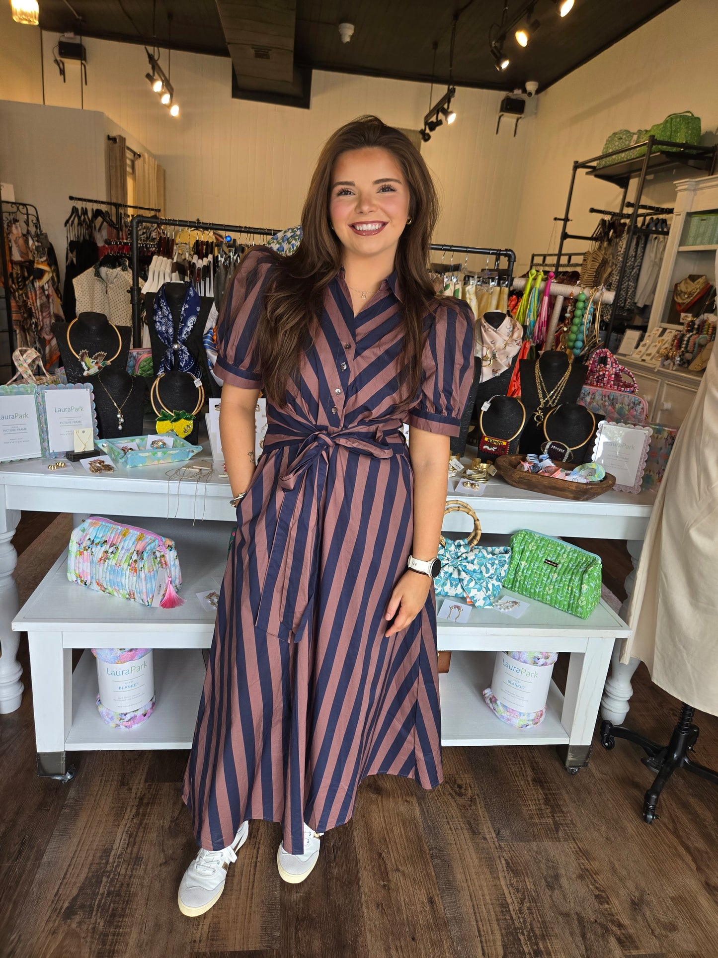 Striped Tie Waist Midi Dress