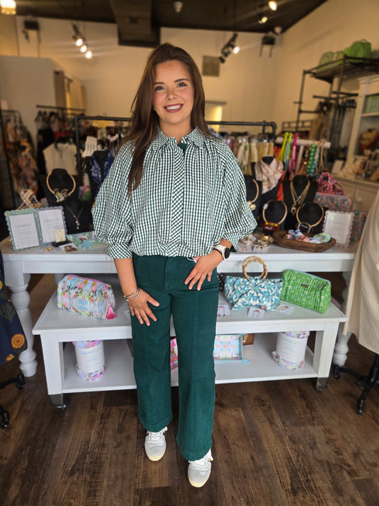 Olive Check Bubble Hem Top