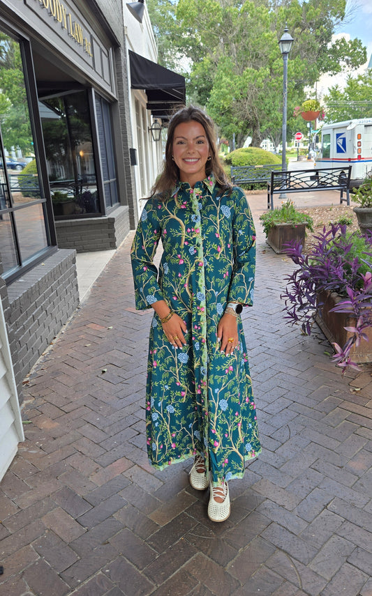 Botanical Print Button Down Maxi Dress
