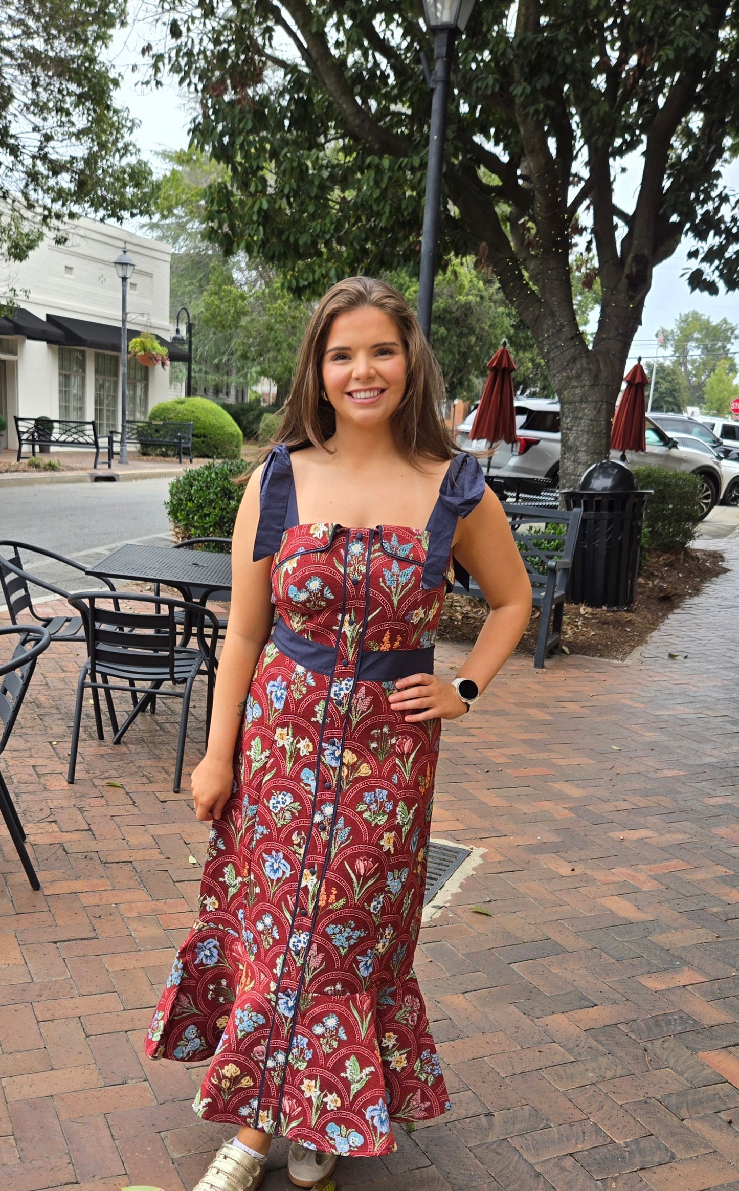 Crimson Garden Tie-Strap Midi Dress