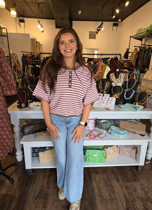 Blush & Mocha Striped Henley Top