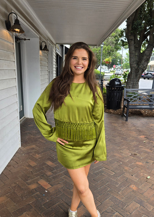 The Olive Green Satin Fringe Set