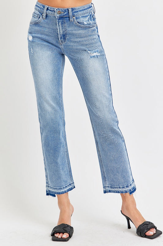 Mid Rise Ankle Straight Raw Release Hem Jeans