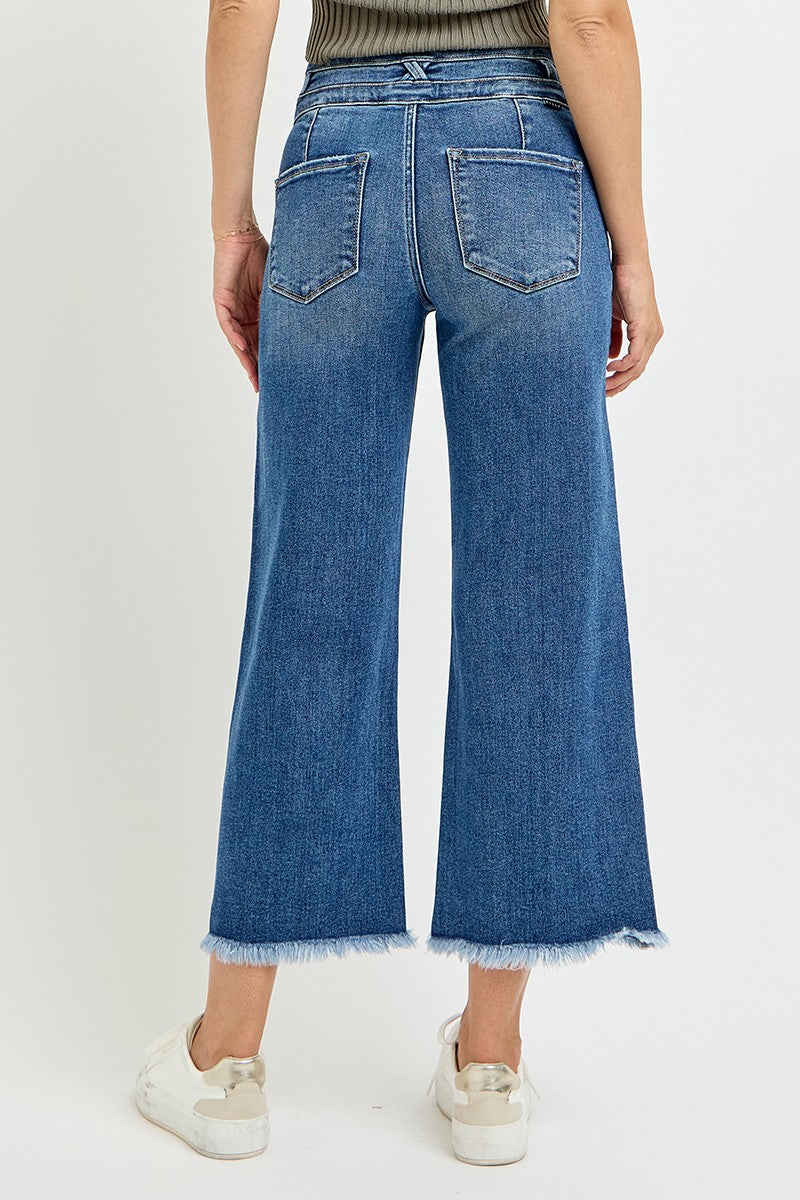 High Rise Crop Wide Band Detailed Jeans