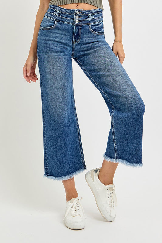 High Rise Crop Wide Band Detailed Jeans