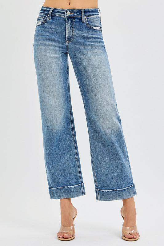 Mid Rise Cuffed Straight Jeans