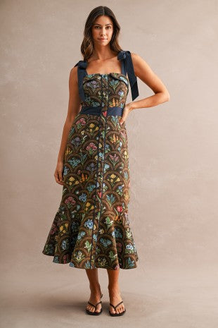 Midnight Garden Tie-Strap Midi Dress