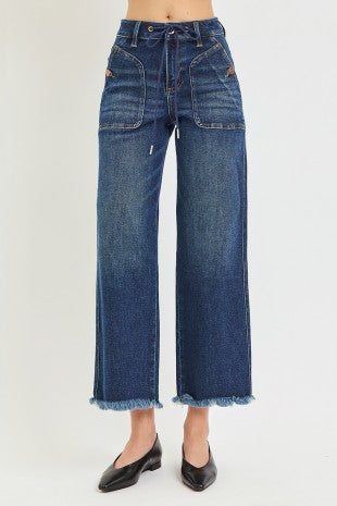 High Rise Crop Wide Jeans With Drawstring & Patch Pockets