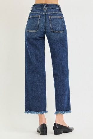 High Rise Crop Wide Jeans With Drawstring & Patch Pockets