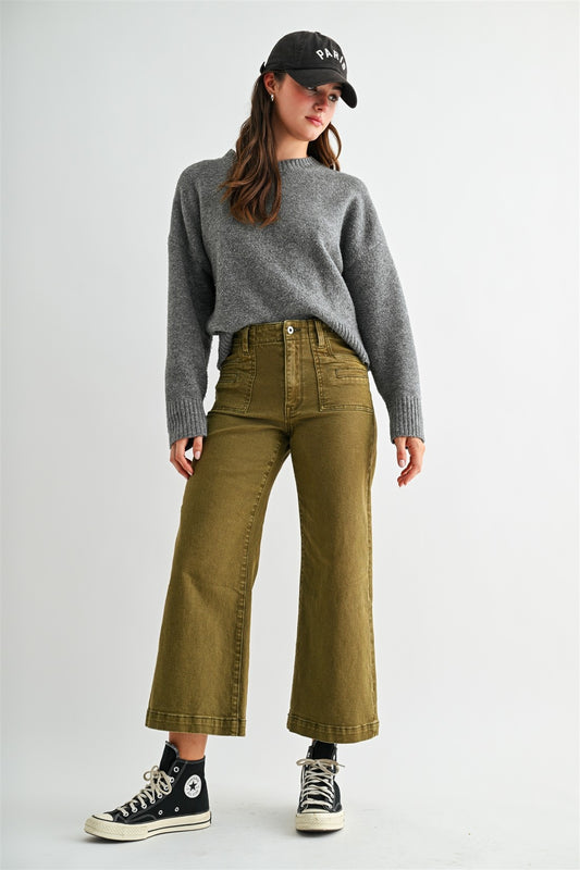 High Rise Crop Front Pocket Jeans (Olive)
