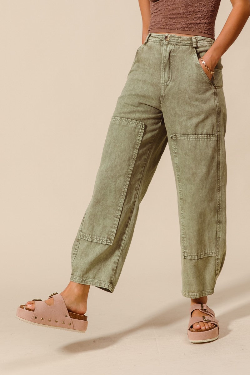 Mineral Washed Barrel Jeans- Olive