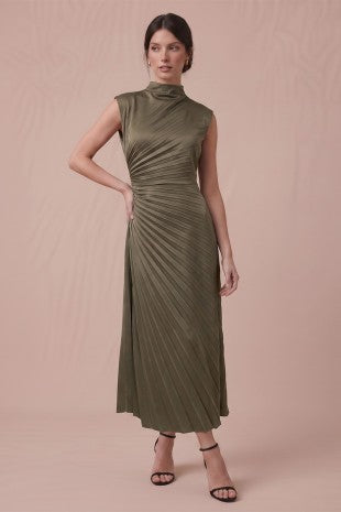 Olive Elegance Ruched Midi Dress