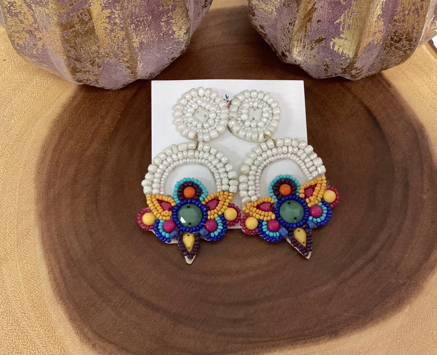 Arch and Floral Seed Bead Earrings