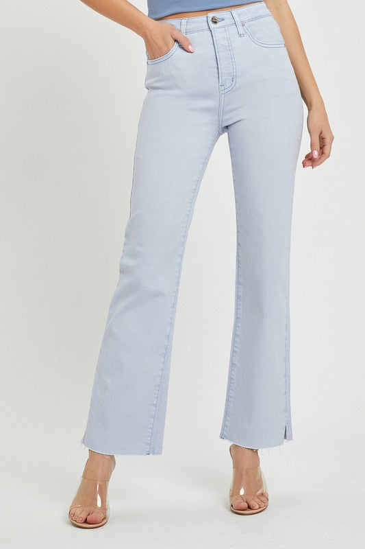 High Rise Raw Hem Jeans- Ice Blue