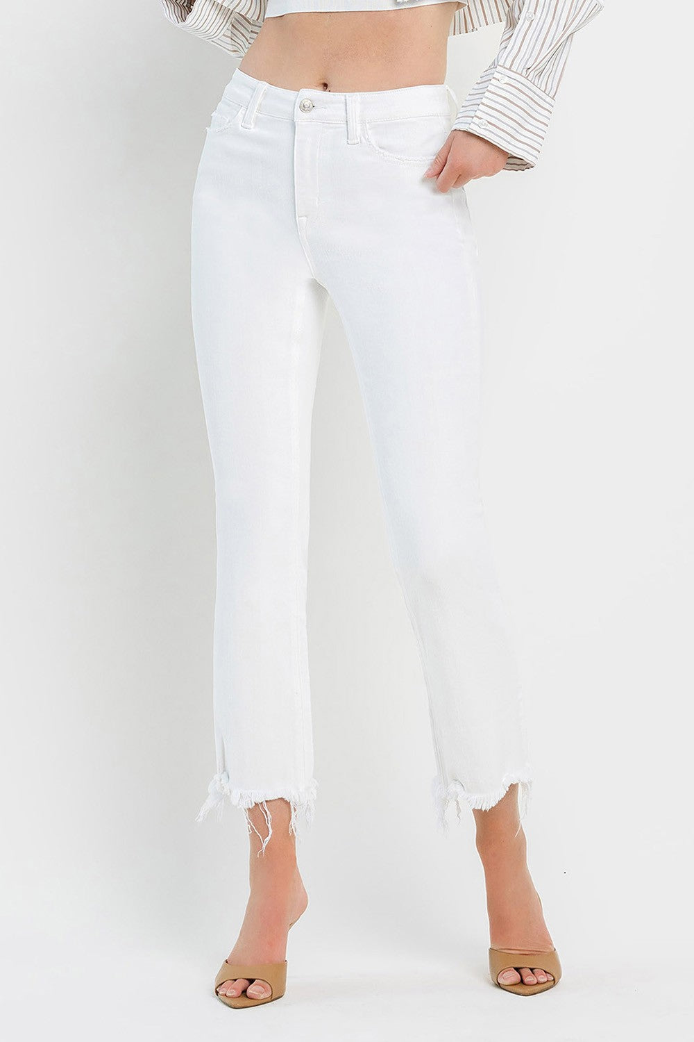 High Rise Uneven Raw Hem Jeans