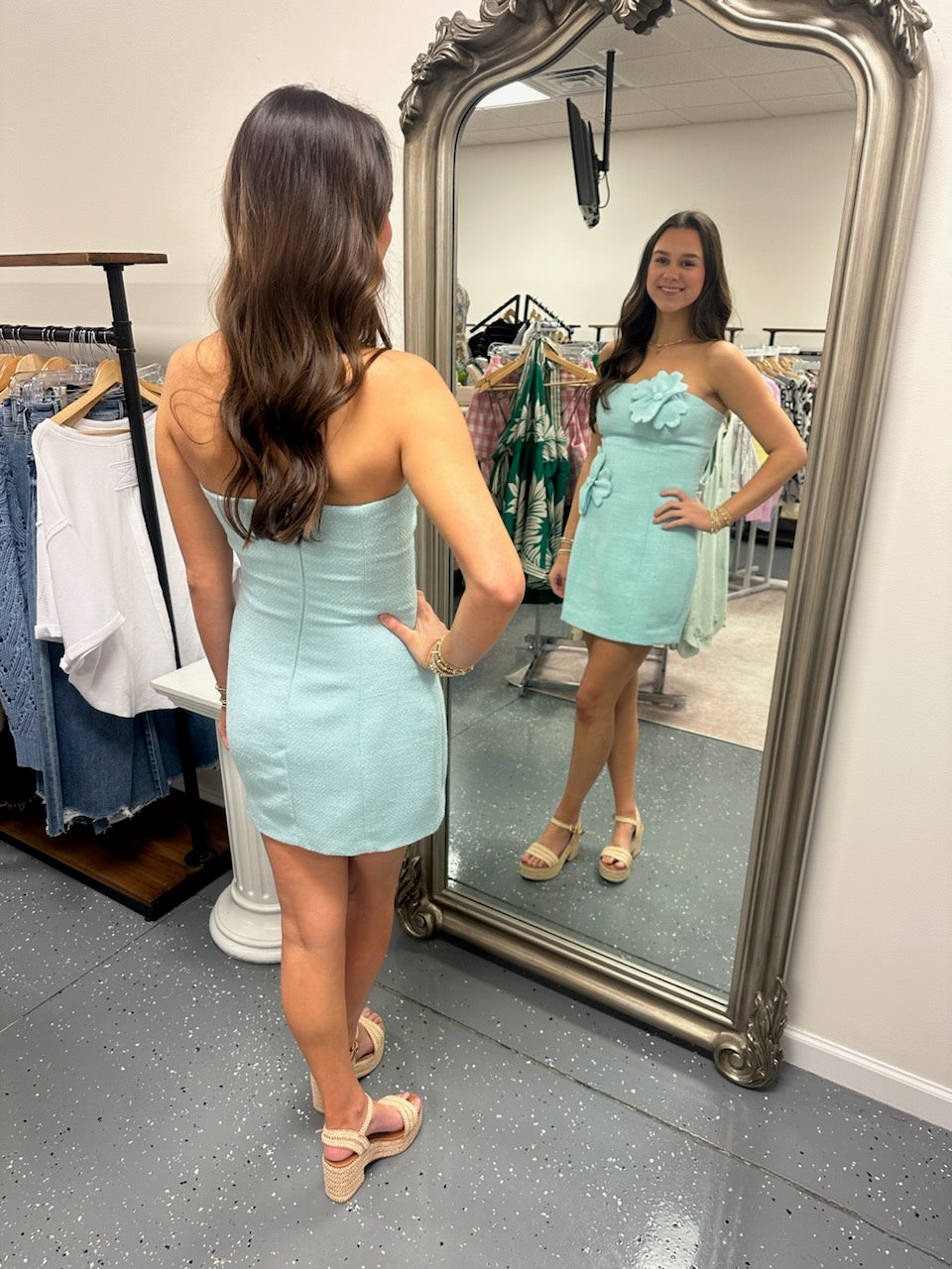 3D Tweed Strapless Mini Dress