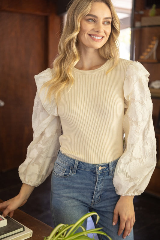 Ruffled Sleeve Ribbed Top