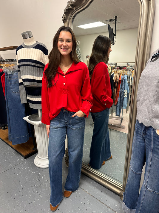 Pearl Accented Red Blouse