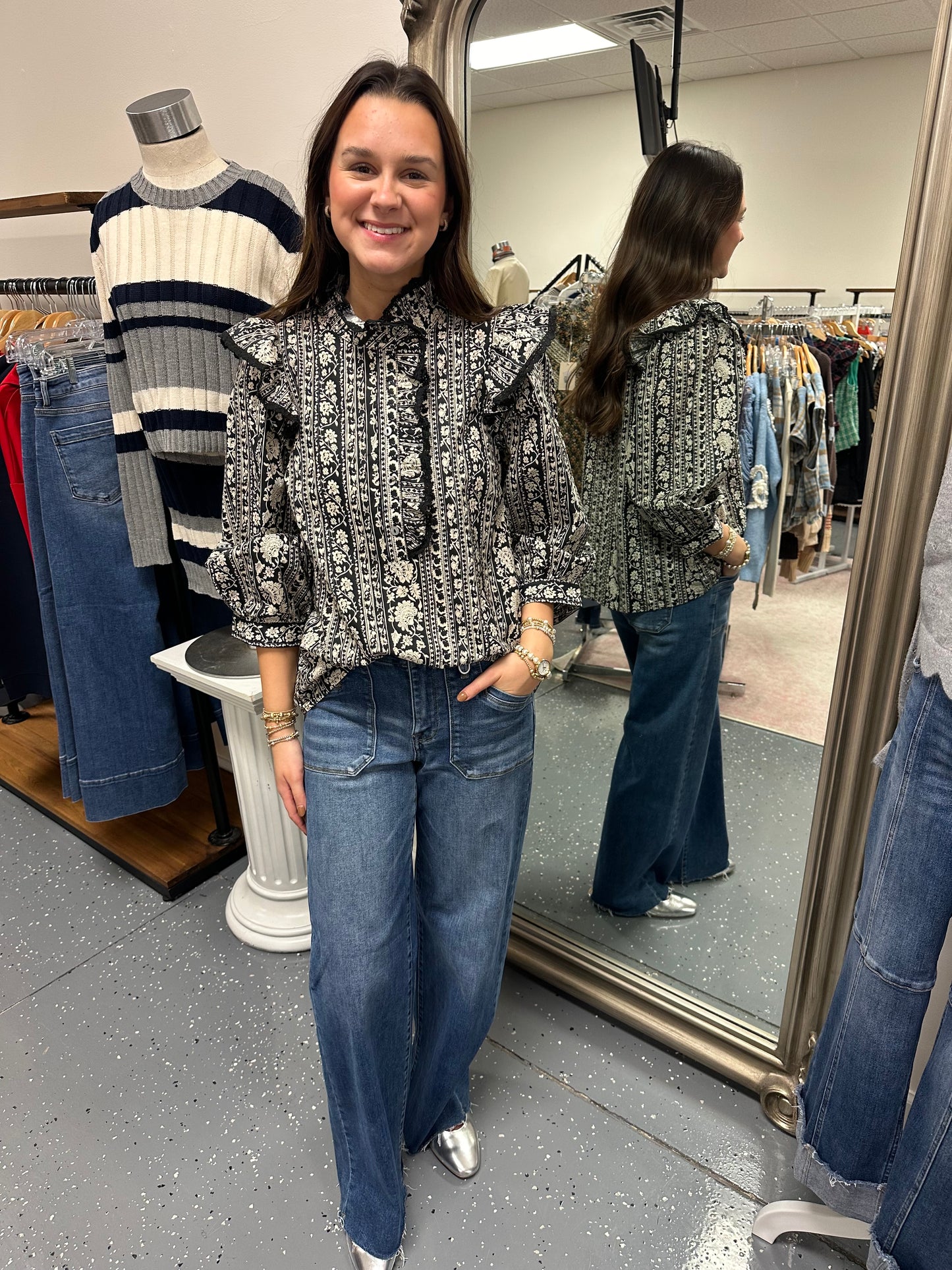 Black Floral Ruffle Blouse