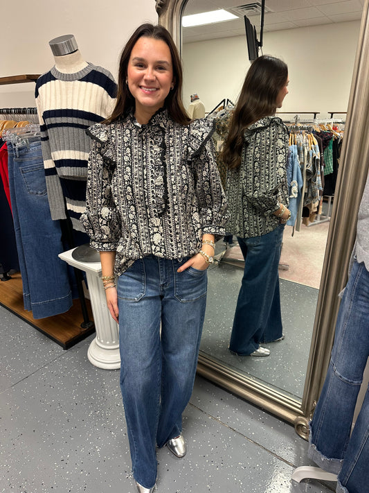 Black Floral Ruffle Blouse
