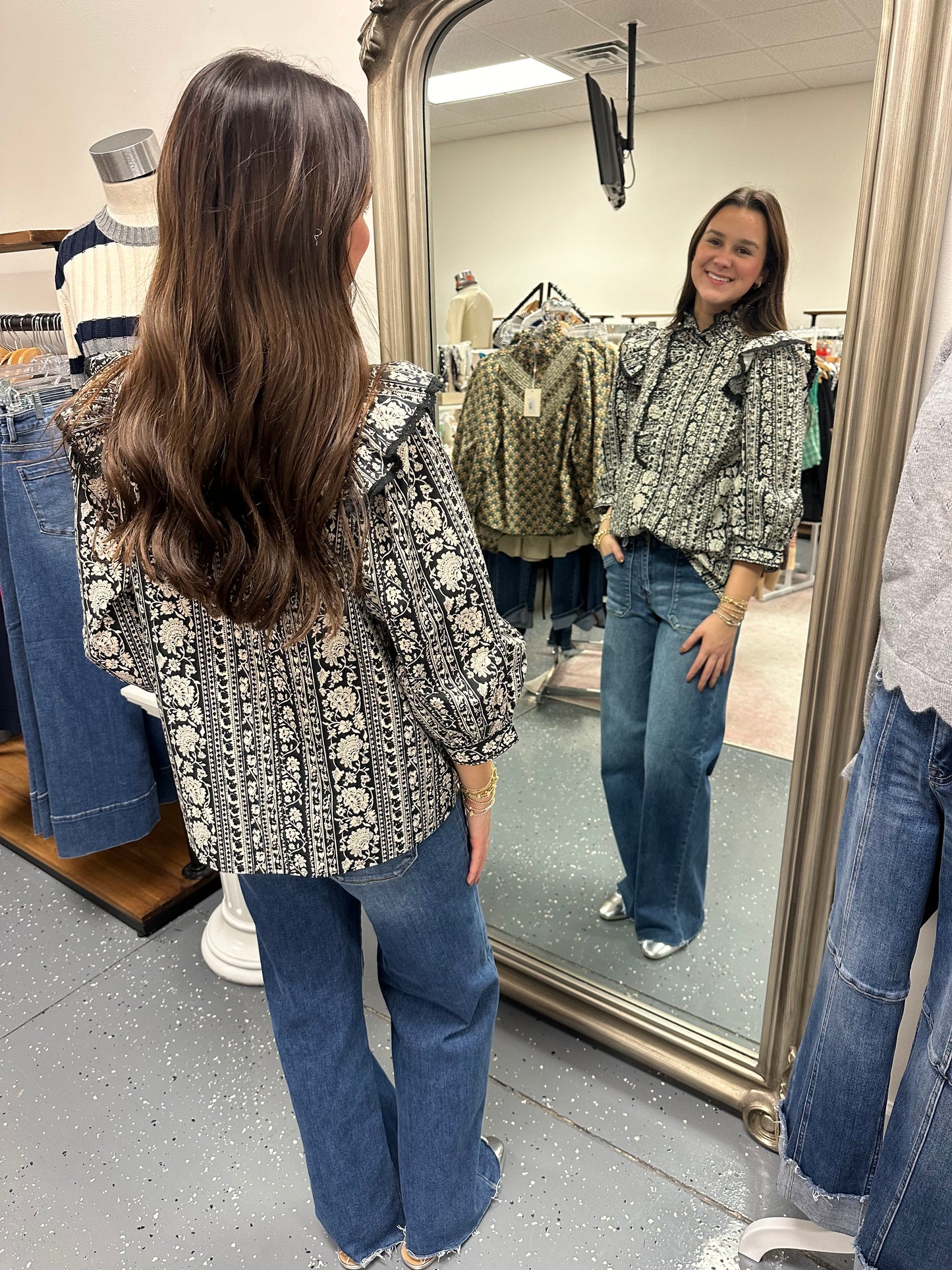 Black Floral Ruffle Blouse