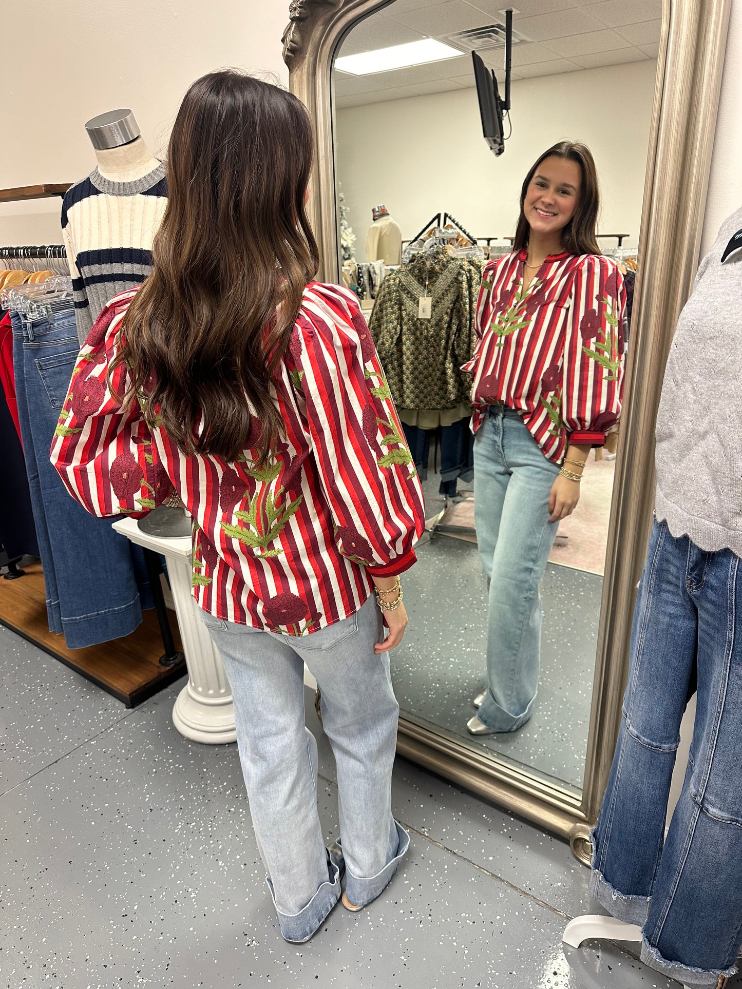 Striped Floral Blouse -Garnet