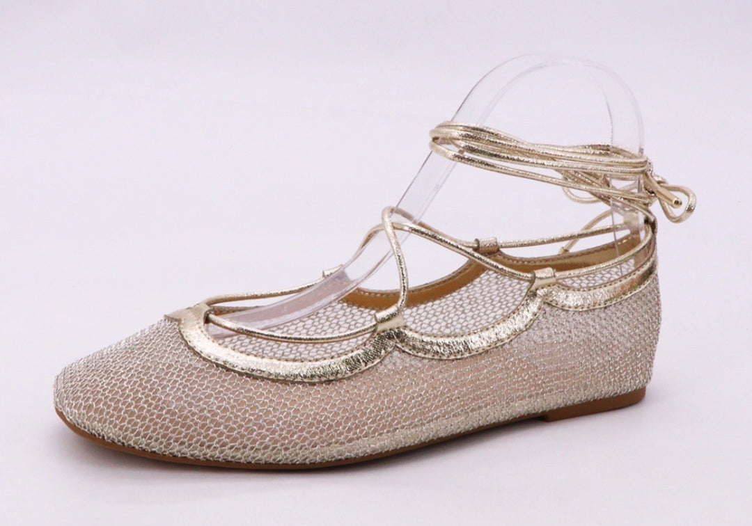Gold Woven Mesh Lace-Up Ballet