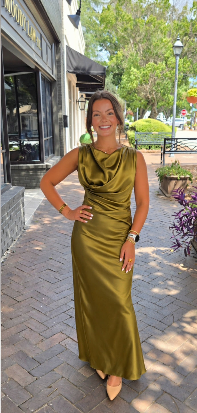 Golden Olive Cowl Neck Maxi Dress