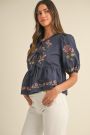 Embroiderd Puff Sleeve Ruffle Tie Top