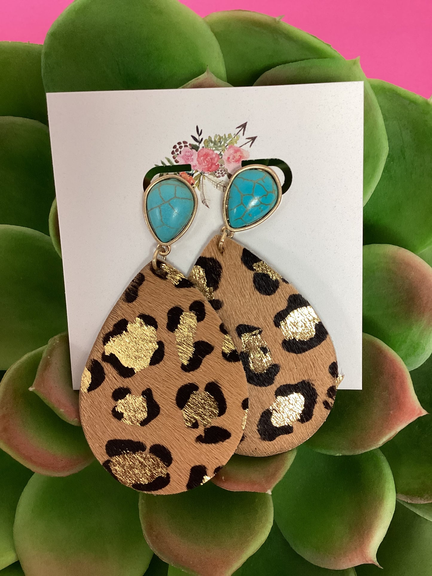 Stone & Leopard Teardrop Earrings