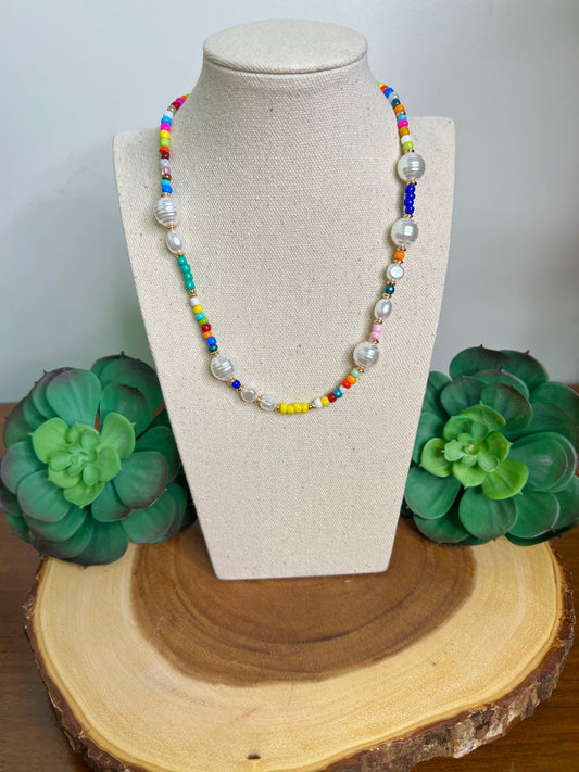 Multi Color Seed Bead Pearl Necklace
