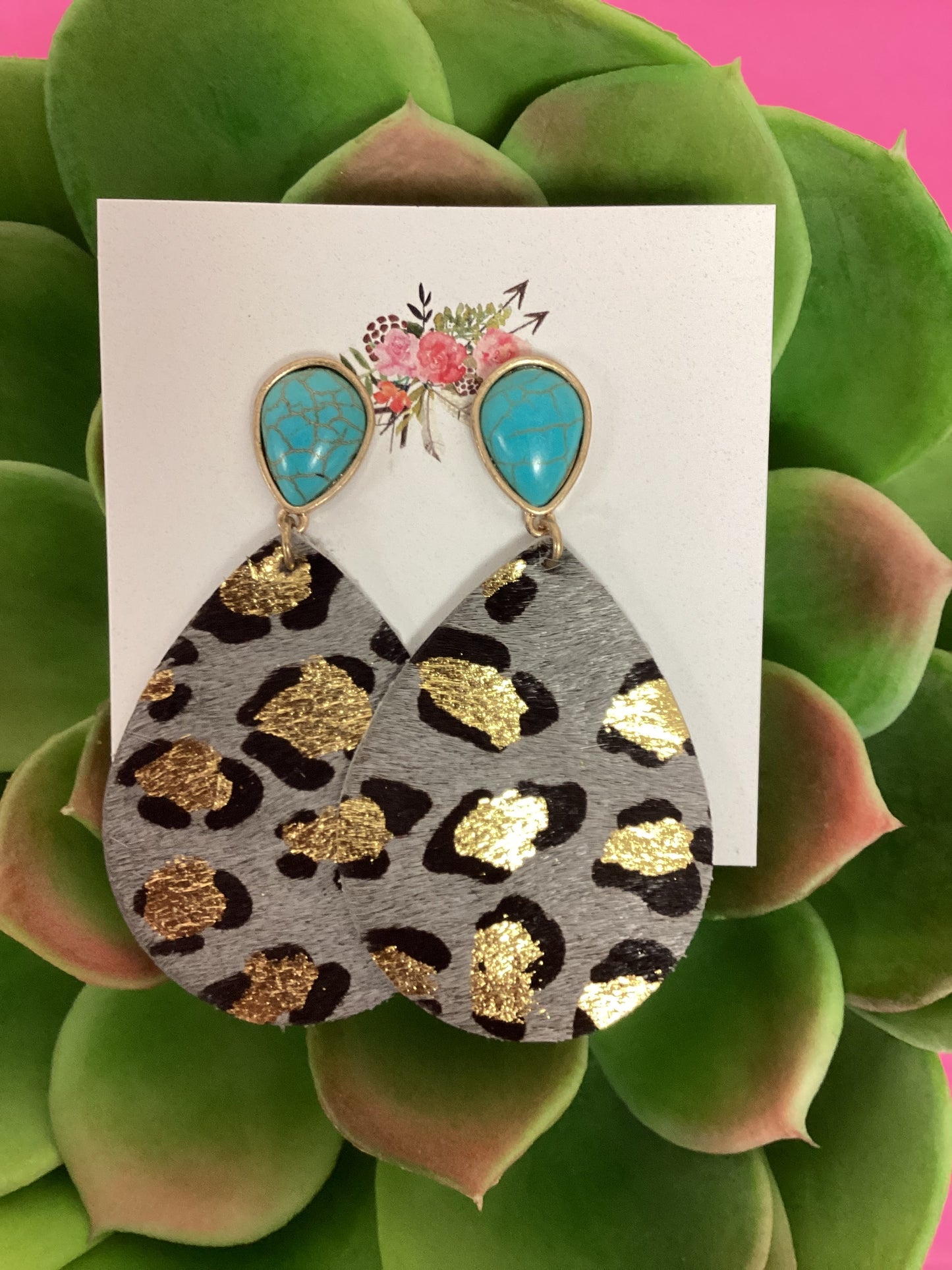 Stone & Leopard Teardrop Earrings