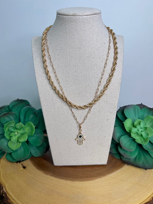 Paved Hamsa Double Chain Necklace